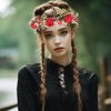 Vivivalue Women Flower Crown Rose Floral Headband Hair Wreath Floral Headpiece Halo Boho with Ribbon Wedding Party Red