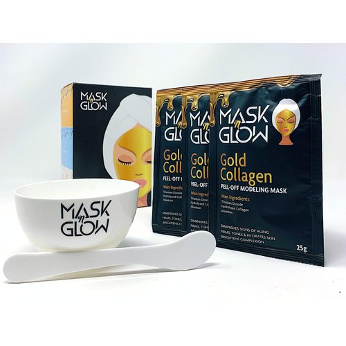 Premium Gold Collagen Modeling Peel-Off Mask"Rubber Mask" (Pack of 3 With Bowl & Spatula), Diminishes Signs of Aging, Firms & Tones Skin, Brightens Complexion, 25g. Made In Korea (3 Pack)
