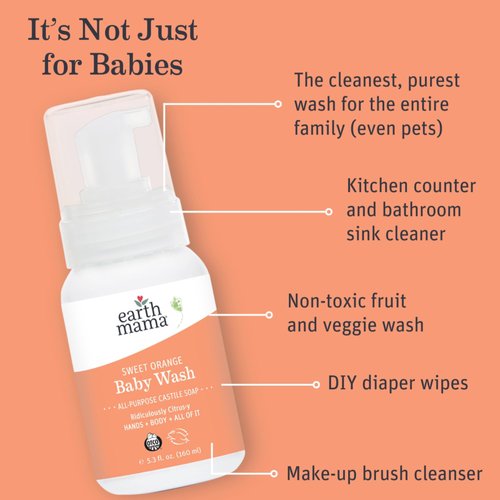Earth Mama Sweet Orange Baby Liquid Wash Foaming Hand Soap, Organic All Purpose Body Wash for Sensitive Skin, Castile Soap with Coconut Oil, Shea Butter, Calendula, & Aloe, 5.3 fl oz