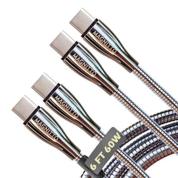 MAGNITTO Metal Braided Wire USB C to USB C Cable 6ft, 2Pack, 60W 3A, Stainless Steel, Strong Durable Wire, Tangle Free, Pets Chewing Proof, Silver
