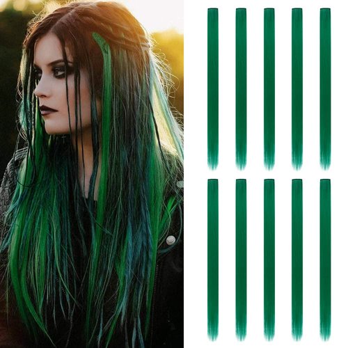 20 Inch Colored Clip in Hair Extensions 10pcs Straight Hair Synthetic Hairpieces for Party Highlight Green
