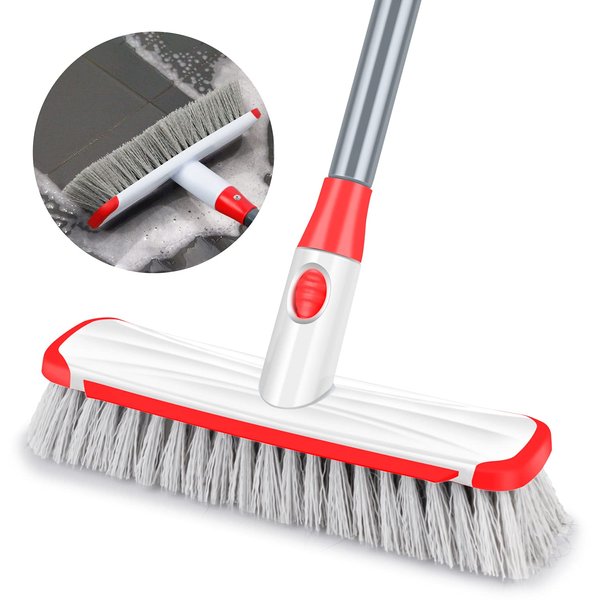 Scrub Brush Floor Brush with Long Handle, Deck Brush Floor Scrubber 2 in 1 Scrape Brush Stiff Bristle Shower Brush Scrubbing Brush Cleaning Brush for Bathroom, Kitchen, Tub, Carpet, Grout, Tile