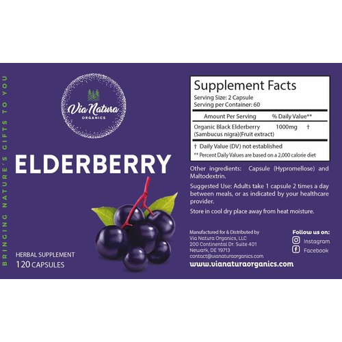 Via Natura Organics Elderberry Capsules 1000mg | Organic Herbal Supplement | 120 Capsules