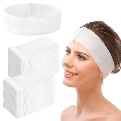 50PCS Disposable Spa Facial Headbands Elastic Non-woven Headband with Magic Tape Stretch Soft Skin Care Hair Band with Straps for Salons Supplies White