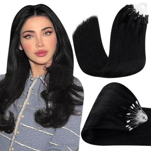 Hetto Micro Link Extensions Human Hair #1 Jet Black Micro Loop Hair Extensions Real Human Hair 18 Inch Straight Micro Beads Human Hair Extensions Pre Bonded 50 Strands 50g