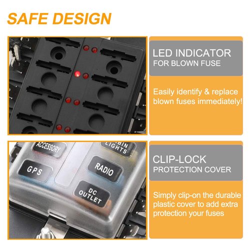 BUNKER INDUST 10-Way Fuse Box Blade Fuse Block Holder with LED Indicator for Blown Fuse Waterpoof Protection Cover for Car Boat Marine Automotive,Include 20Pcs Blade Fuses and 1Pcs DIY Sticker