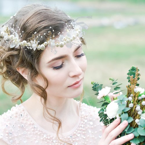 3 Pieces Flower Girls Headpiece Wrist Corsage for Bridesmaid Crystal Pearls Headpiece Princess Hair Accessories Bridal Hair Vines Elegant Floral Head bands for Women Girls Wedding Prom Photography