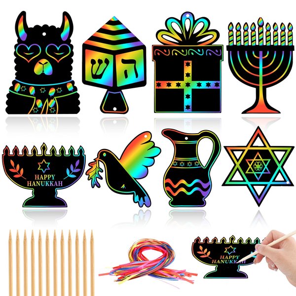 JULMELON Hanukkah Scratch Art, 36 PCS Hanukkah Craft Kits for Kids Rainbow Magic Scratch Art Chanukah Hanging Ornaments Scratch Paper for Hanukkah Decorations Kids Party Games Toys Gifts