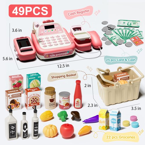 STACTCUTE 49PCS Pretend Play Cash Register Toy Set for Kids with Real Calculator,Scanner,Microphone,Conveyor Belt,Weighing Tool,Cashier Playset Realistic Gift for Toddler Kid Ages 3 4 5 6 7 8（Pink）