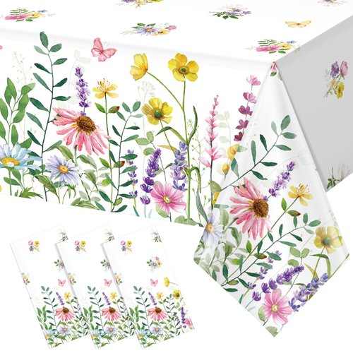 3Pcs Spring Floral Plastic Tablecloths,Pink Purple Blue Yellow Wildflowers Butterfly Disposable Table Cover for Spring Summer Picnic Dining Holiday Weeding Birthday Tea Party Decorations,54x108 Inch