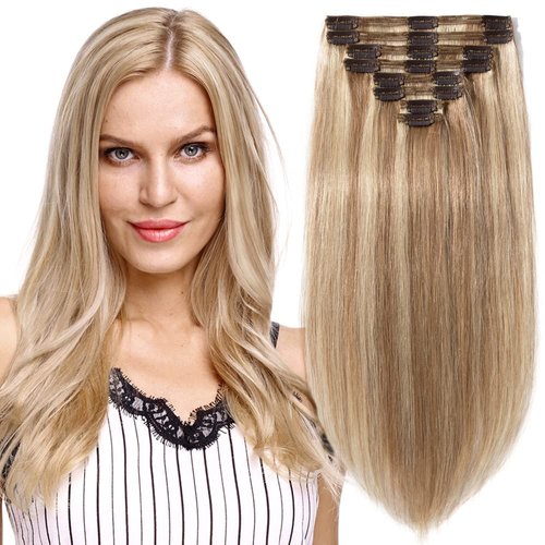 Double Weft 100% Remy Human Hair Clip in Extensions Full Head Thick Thickened Long Soft Silky Straight 8pcs 18clips Off Black (12" / 12 inch 110g,#12/613 Light Brown mix Bleach Blonde