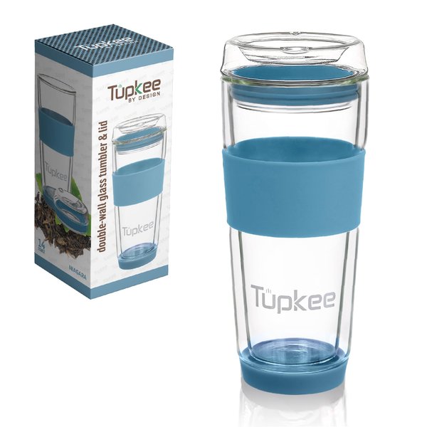 Tupkee Double Wall Glass Tumbler - 14-Ounce, All Glass Reusable Insulated Tea/Coffee Mug & Lid, Hand Blown Glass Travel Mug - Niagara