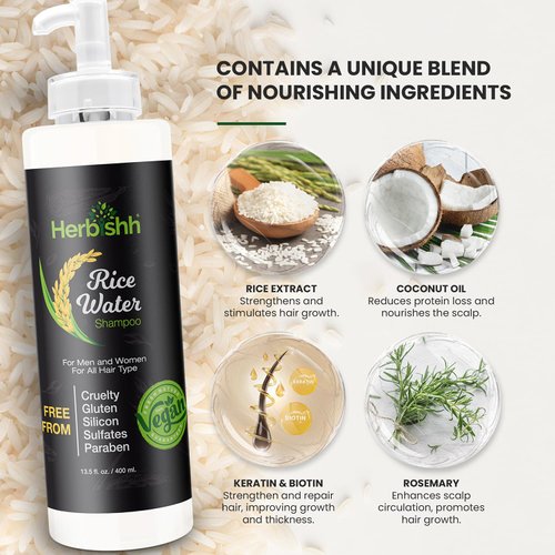 Herbishh Rice Water Hair Growth Shampoo - 400ml with Power of Castor Oil, Argan & Coconut Oil & Biotin | All Hair Type | Hair regrowth for Thinning Hair, Moisturizing & Volumizing | Silicone Free