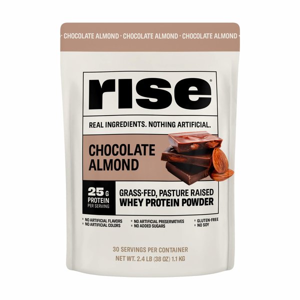 Rise Grass-Fed Whey Protein Powder - Chocolate Almond | 25g Protein No Artificial Flavors, Colors, or Preservatives - Sugar Free, Gluten-Free, Soy Free (2.4 lbs)