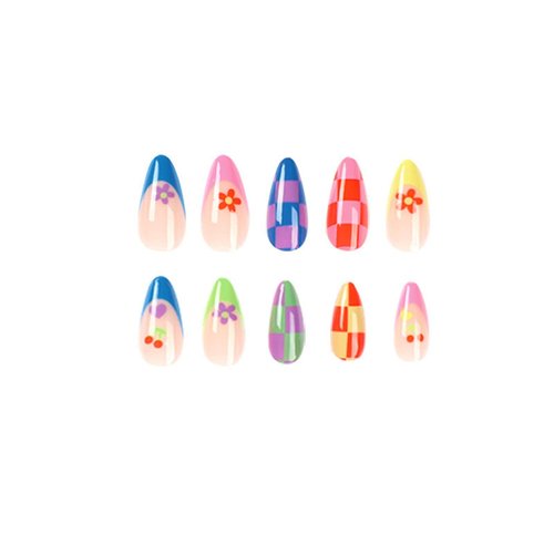 MISUD Almond Press on Nails Medium Stiletto Fake Nails Glossy Glue on Nails Rainbow French Tip Acrylic Nails Colorful Flower Plaid Design Stick on False Nails 24 pcs
