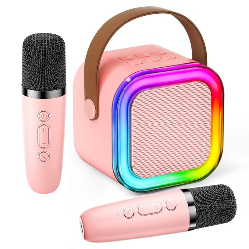 Mini Karaoke Machine for Kids, Christmas Birthday Gifts for Girls Boys Toy 4, 5, 6, 7, 8, 9, 10, 12+, Portable Bluetooth Speaker with 2 Wireless Mics, Karafun Premium Songs for All Ages(Pinkcolor)