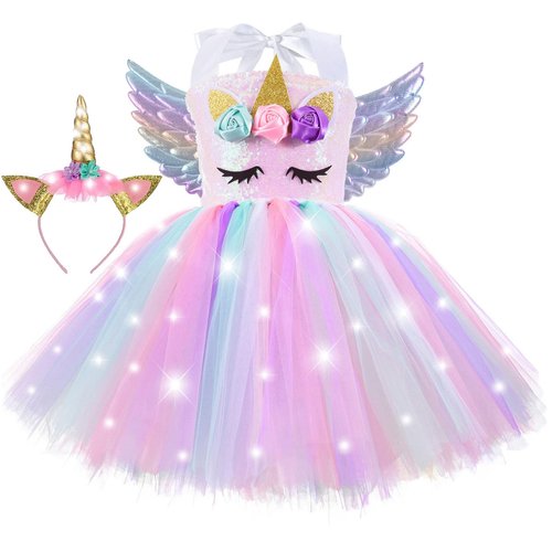 ZeroStage Toddler Dress Up Clothes for Little Girls, Light Unicorns Gifts Birthday Decorations Baby Halloween Costume Themes Party Tutu Princess Outfit Pink with Wings Headband