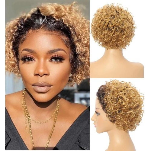 ELIO Ombre Short Curly Lace Front Wigs Human Hair Wigs for Black Women T/27 Pixie Cut Wigs Human ...