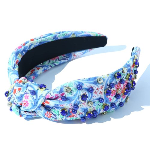 CULHEITE Knotted Headband for Women Pearl Rhinestone Bright Floral Pattern Wide Hair Band Garden Party Hair Accessory