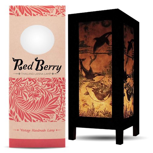 Red Berry Bedside Japanese Lamp - Vintage Asian Inspired Decorative Table Lamp with Fabric Square Lamp Shade - Retro Whale Fish Lamp for Bedroom Nightstand, Desk, Living Room, Dorm Whale Fish