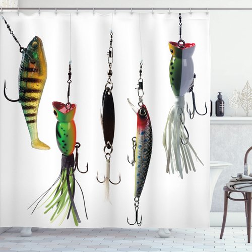 Ambesonne Fishing Shower Curtain, Various Type of Fishing Baits Hobby Leisure Passtime Sports Hooks Catch Elements, Cloth Fabric Bathroom Decor Set with Hooks, 69" W x 75" L, Multicolor White
