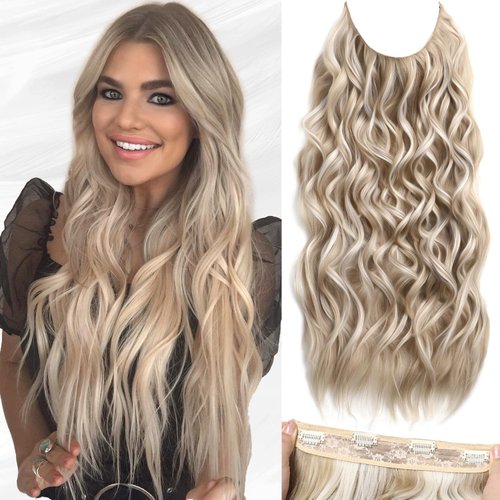 SilkStrands Invisible Wire Hair Extensions 24 Inch Secret Halo Hair Extensions with Adjustable 4 Clips Soft Transparent Lace Ash Blonde Halo Hair Extensions Natural Long Wavy Hair Extensions for Women
