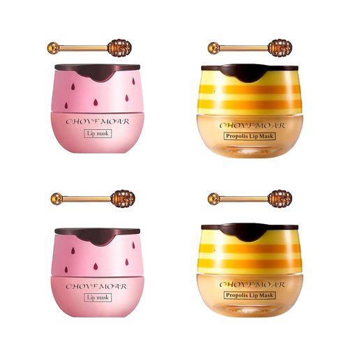 Honey Lip Balm Pot, Propolis Lip Mask, Strawberry Hydrating Propolis Lip Sleeping Mask, Prevent Dry&Cracked, Lip Repair Nourishes the Lip Skin (2pcs Honey & 2pcs Strawberry)