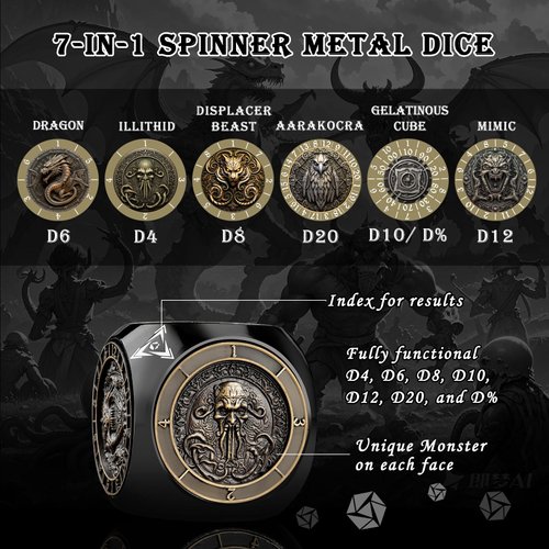 Haxtec Spinner Dice 7-in-1 Metal DND Dice Set Unique Dice Spinner Goblins Metal D&D Dice for Dungeons and Dragons DND Gifts- Dice King