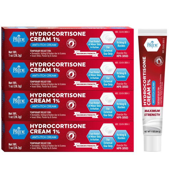 MED Pride Hydro Cortisone (Hydrocortisone) Cream 1% OTC Bulk Pack of 4 X 1 Oz Anti-Itch Ointment for Rash, Eczema, Bug Bites