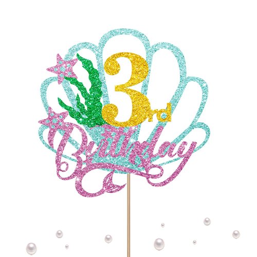 Mermaid Three Cake Topper, Happy 3rd Birthday Cake Decor for Baby Girl, Little Mermaid Birthday Party Decoration, Under the Sea Themed Party Supplies - Gold Glitter