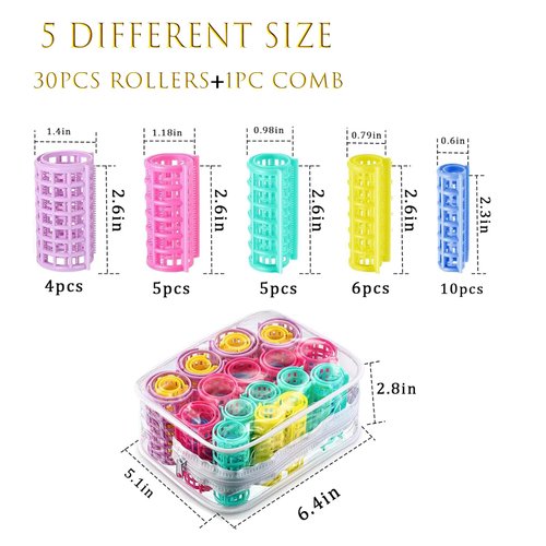 30Pcs Plastic Hair Curlers Rollers Set, Snap on Rollers Self Grip Rollers Hairdressing Curlers Hair Curlers No Heat Hair Rollers for Long Medium Short Thin Fine Hair with Mini Comb (5 Sizes)