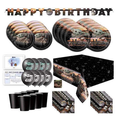 Baby Yoda Mandalorian The Child Themed Happy Birthday Party Supplies for Kids, Serves 16, Decor and Dinnerware with Balloons, Banner, Table Cover, Party Planner, Cups, Plates, Napkins, Sticker and