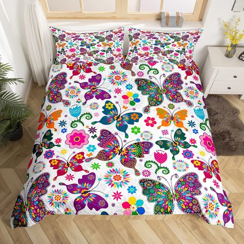 Feelyou Butterfly Bedding Set for Kids Girls Duvet Cover Set Twin Size Decorative Colorful Butterflies Floral Pattern Microfiber Polyester Comforter Cover with 1 Pillow Shams, Zipper, Soft 2 Pieces