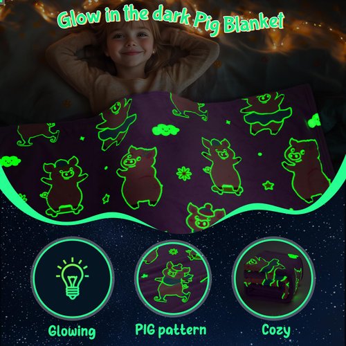 Boulou Glow in The Dark Pig Blankets Gifts for Girls Boys, Cute Pink Plush Piggy Throw Blanket Toys Present for Pig Lover Birthday Valentines Christmas 60"x50"