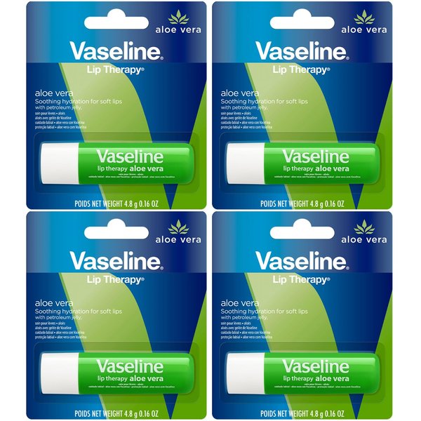 Vaseline Lip Therapy Aloe Fresh - Hydrating Lip Balm Pack, Vaseline Stick, Lip Moisturizer for Dry Lips, 0.16 Oz Each (Pack of 4)