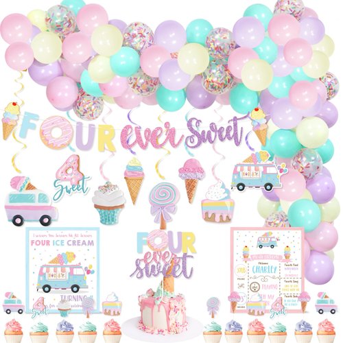 Ice Cream 4th Birthday Party Balloons Arch Garland Decor Set, Four Ever Sweet Banner Hanging Swirls Cake Cupcake Toppers Number 4 Foil Balloon for Summer Ice Cream Theme Girls 4th Bday Party Supplies