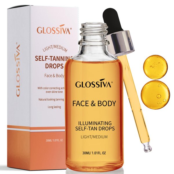 Glossiva Self Tanning Drops - Sunless Tan for a Sun-Kissed Bronze - Beauty Skin Self Tanner - Gradual Glow for Face and Body - Long-Lasting for a Week, 1.01 Fl Oz