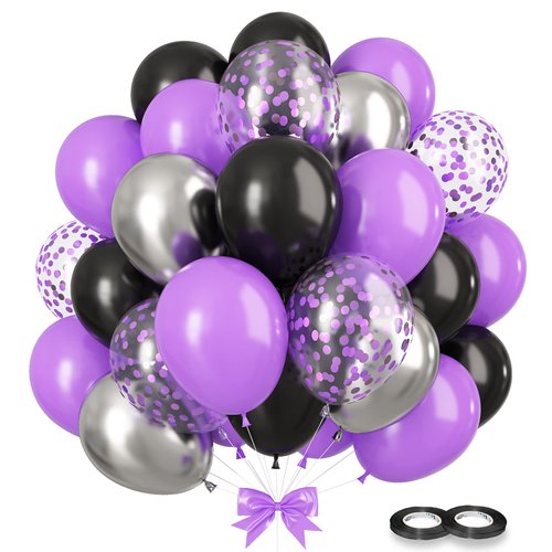 GREMAG Black and Purple Balloon, 60 Pcs Latex Balloon, 12inch Purple Black Silver Confetti Balloon with Ribbons, for Wedding, Birthday Party Decorations, Anniversary, Graduation, Theme Party Supplies