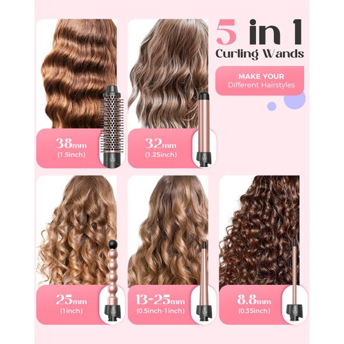 5 in 1 Curling Wand Set, Lopeie Curling Iron with New Upgraded Curling Brush and 4 Interchangeable Ceramic Curling Wand(0.5”-1.25”), Fast Heating, Include Heat Protective Glove & 2 Clips & Hair Brush