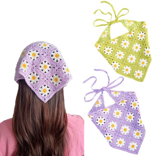 Kunyeah 2 Pieces Crochet Hair Bandana Floral Hair Scarf Boho Head Kerchief Vintage Headbands Triangle Hair Tie Handmade Hair Accessories for Girls Women (Purple/Green)