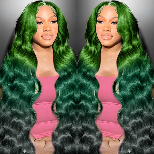 GGEDUO 13x4 Ombre Green Lace Front Wig Human Hair Body Wave Glueless HD Lace Front Wigs 3 Tone Light Green to Dark Green Colored for Fashion Women 180% Density 22 Inch