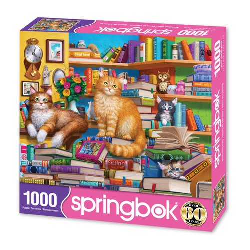 Springbok's Bookshop Cats 1000 Piece Puzzle for Adults Featuring Furry Felines Perched on The Bookshelf. Cat Lovers Will Enjoy This Masterpiece.