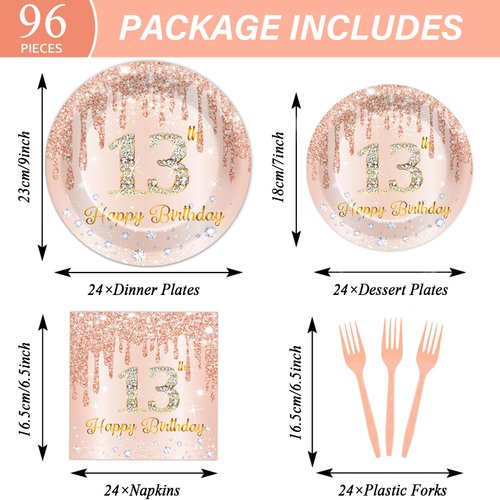 Chunnin 96 Pcs Rose Gold 13th Birthday Party Plates and Napkins for Girls Rose Gold 13th Birthday Party Supplies Happy 13th Birthday Party Tableware Set for 24 Guests Party Decorations