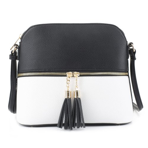SG SUGU Lunar Lightweight Medium Dome Crossbody Bag Shoulder Bag with Double Tassels | Zipper Pocket | Adjustable Strap|Black/White