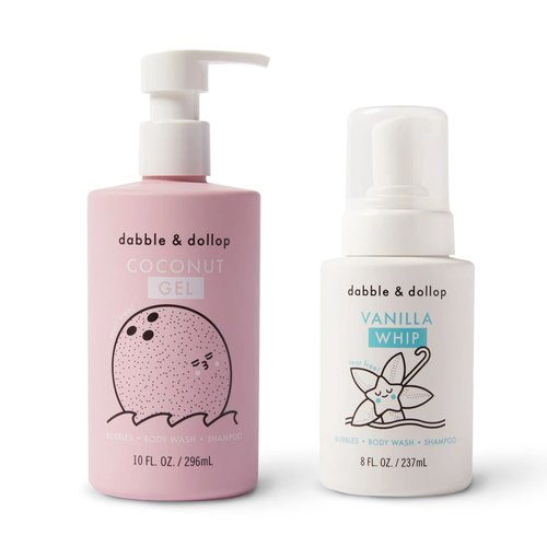 Dabble & Dollop Coconut + Vanilla Body Wash & Shampoo - 3 in 1 Natural Bubble Bath for Kids, USA-Made, Paraben & Sulfate Free, Vegan, Gluten-Free, Tear-Free (Pack of 2)