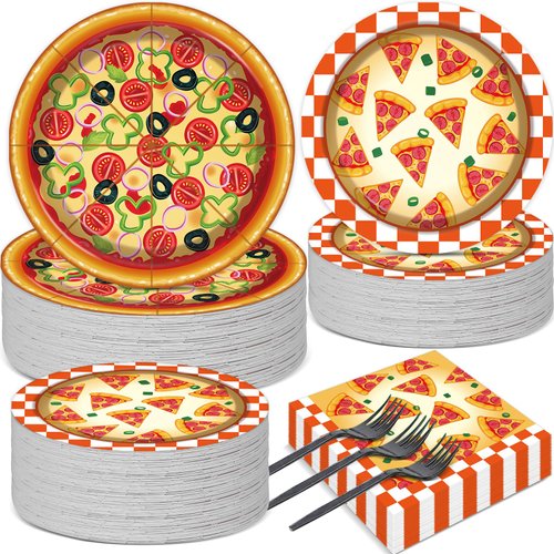 Qyeahkj 50 Guests Pizza Plates and Napkins Party Supplies Pizza Birthday Party Decorations Disposable Tableware Set Pizza Dinnerware Favor for Kids Boys Girls Baby Shower Picnics, 200PCS