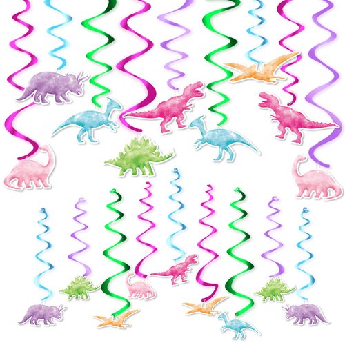 WERNNSAI Watercolor Dinosaur Party Hanging Swirl - 24Pcs Dinosaur Party Decorations for Girls Kids Birthday Baby Shower Foil Whirls Ceiling Streamers Spirals Dino Theme Party Supplies