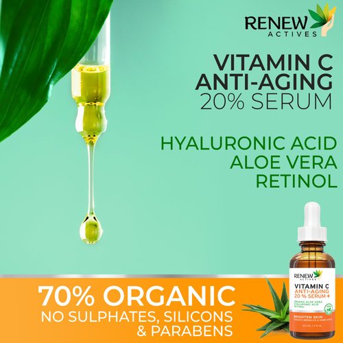 Renew Actives Vitamin C Face Serum – Anti-Aging Serum with Vitamin C, Hyaluronic Acid and Retinol for Wrinkles, Fine Lines and Dark Spots – Organic Aloe Vera Serum for Face, 2 fl oz Bottle