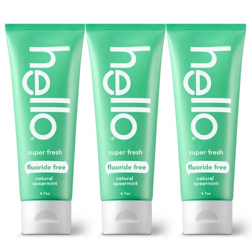 Hello Super Fresh Whitening Toothpaste, Fluoride Free Toothpaste with Natural Spearmint and Coconut Oil, Vegan, No Peroxide, No Fluoride, No Dyes, Gluten Free, BPA Free, 3 Pack, 4.7 OZ Tubes