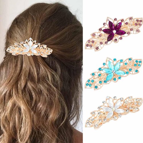 Bartosi Crystal Hair Clips Gold Rhinestone Hair Barrettes Sparkly French Hair Pins Bridal Wedding Hair Hair Accessories for Women (Pack of 3)